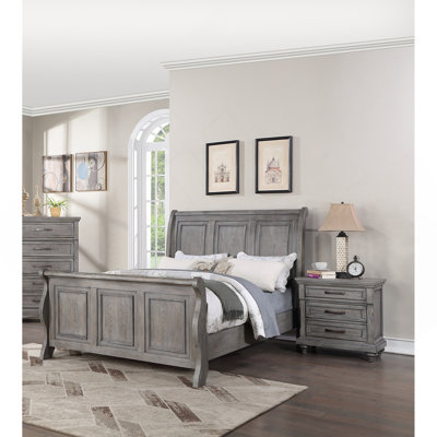 Antique Gray Oak Finish Sleigh Design Headboard FB 3Pc Set Eastern King Size 2X Nightstands Beautiful Bedroom Furniture