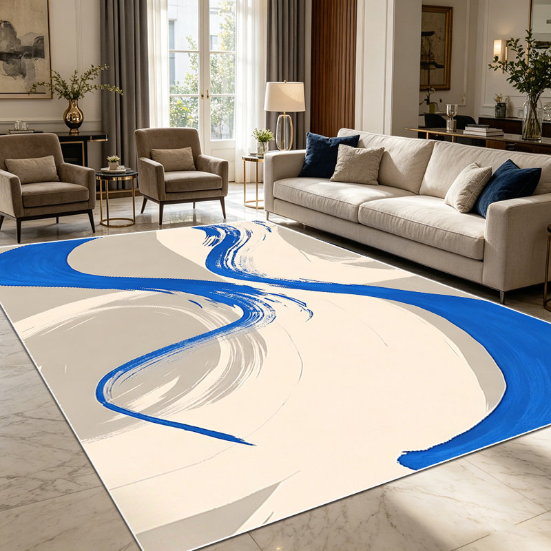 1PC Abstract Blue & Beige Wavy Brush Stroke Modern Art area rugs for Living Room, Soft and Comfortable, Suitable for all seasons, easy-to-maintain, machine washable Indoor floor mat, Under Table Farmhouse suitable for dining table, bedroom, home