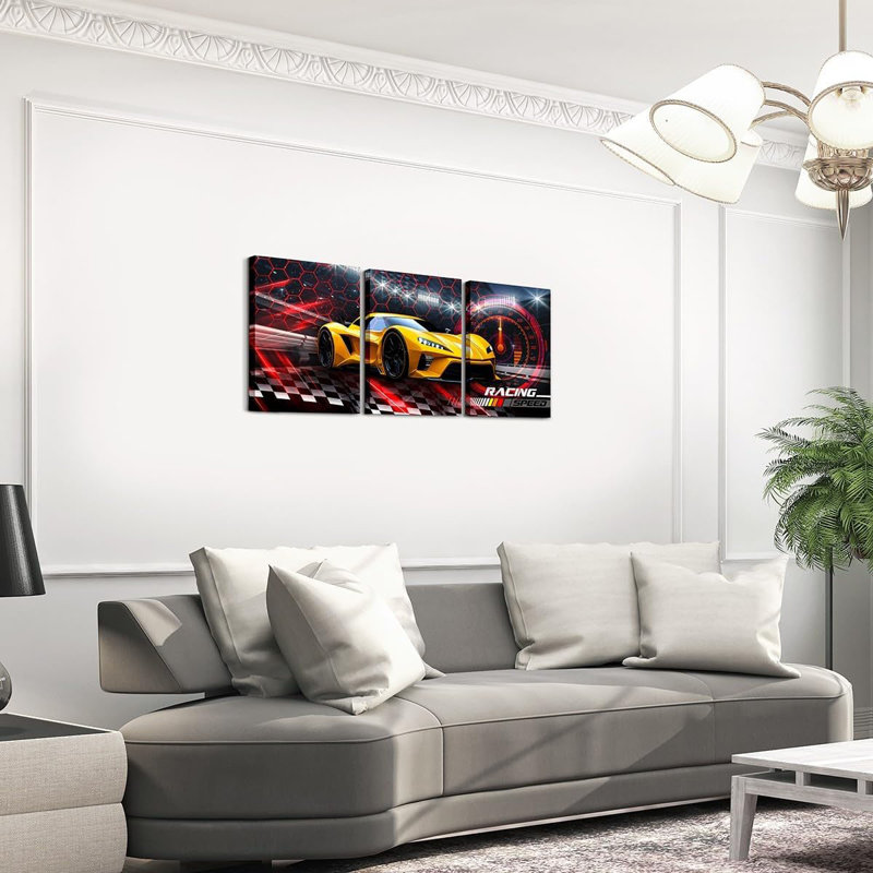 Race Car Canvas Wall Art Set of 3 for Boys,Red Black Honeycomb Wall Art Racing Speed Sports Racing Car Decor,Black And White Grid Buffalo Plaid Lattice Poster Prints Geometric Hexagon,12x16