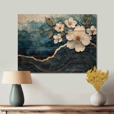 Apple Blossom Into A Gold And Blue Ink River I - Apple Blossom Wood Wall Art - On Natural Pine Wood