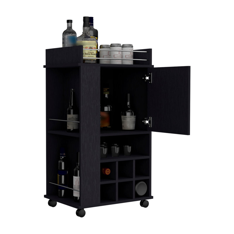 Chariot-bar avec armoire Fargo, 6 porte-bouteilles et roulettes intégrés, Noir