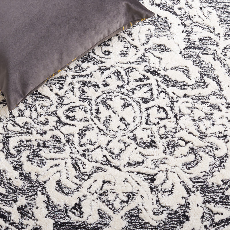 Bathsheeb Hand Tufted Wool/Bamboo Silk/Cotton with Cotton Backing Oriental Rug in Black/Ivory, Rectangle 3' x 5'
