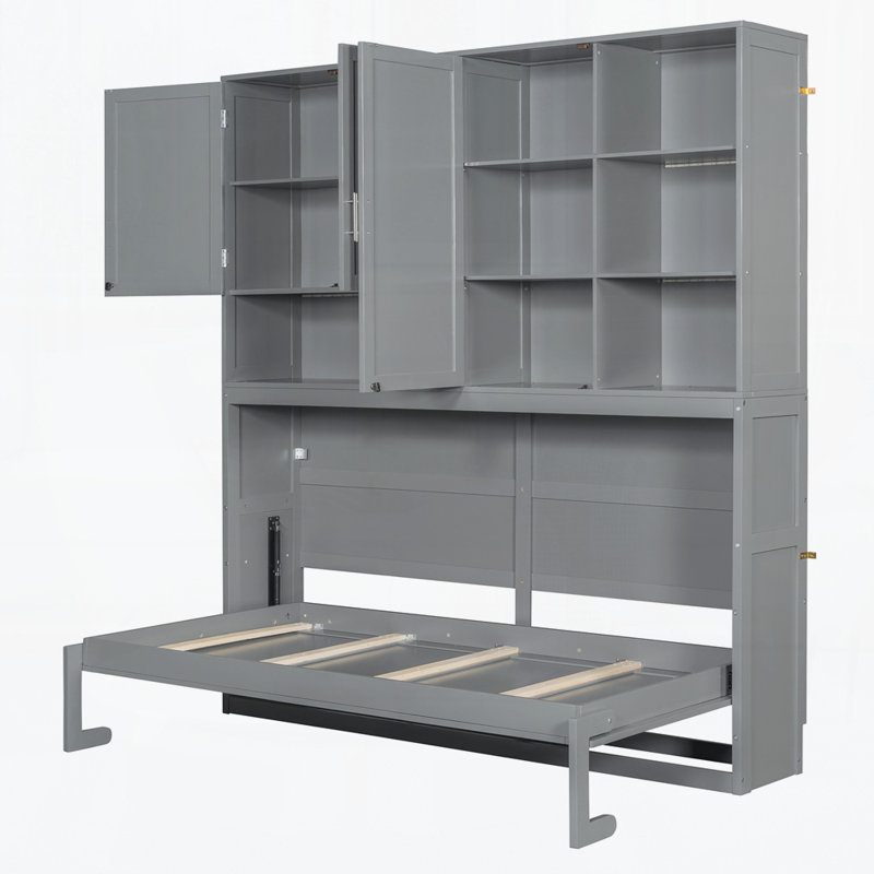 Lit escamotable mural avec armoire supérieure, tablettes, Gris