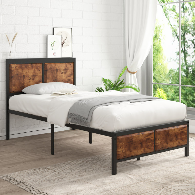 Single/Double Size Bed Frame with Wood Headboard and Footboard, Metal Platform Mattress Foundation with Strong Steel Slats, No Box Spring Needed
