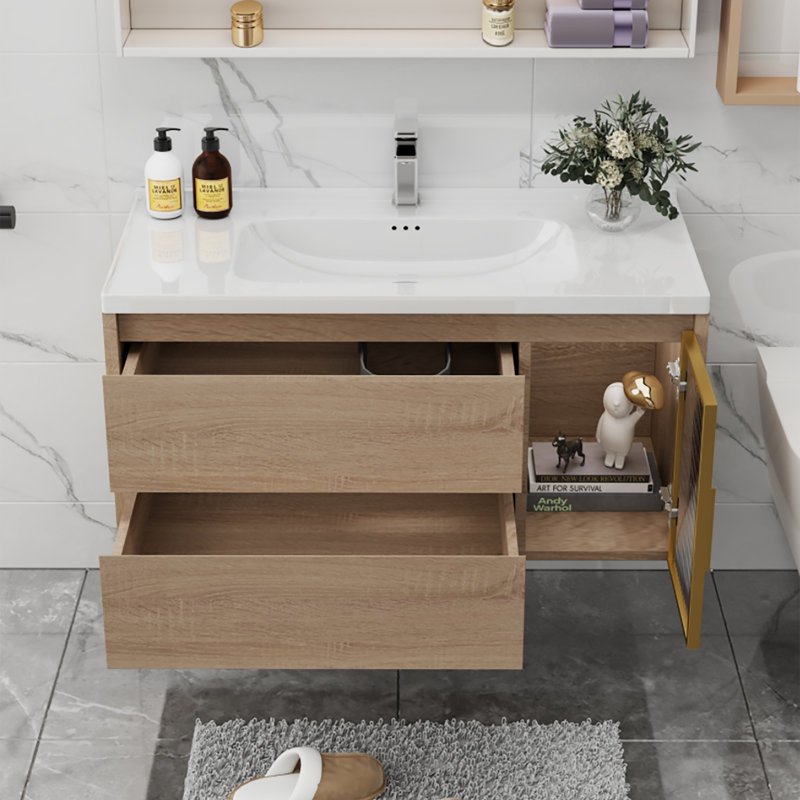  Meuble-lavabo simple 35,8 po avec comptoir en céramique blanche, meubles-lavabos flottants et bois massif, sans assemblage