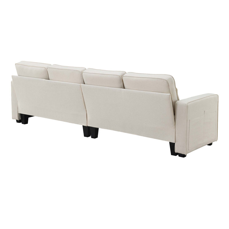 Canapé 4 places moderne en tissu de lin avec poches pour accoudoirs et 4 coussins, Lin beige
