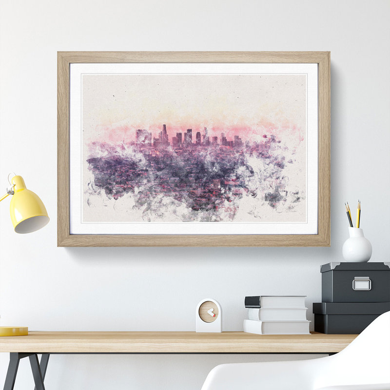 Los Angeles Skyline in the Morning Watercolour - Picture Frame Graphic Art Print, Oak Framed, 45cm H x 63cm W x 2cm D