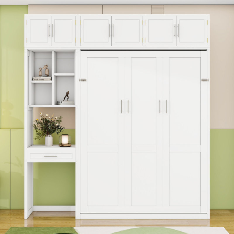 Lit escamotable en bois avec bureau, armoires, tiroir et tablettes, Double, Blanc