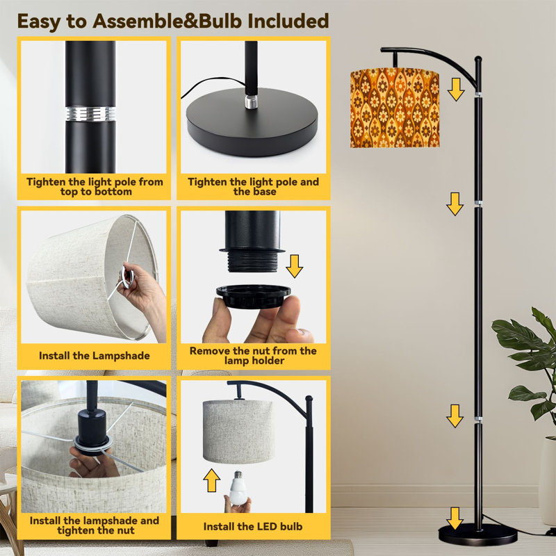 Lampe sur pied à arche rétro à motif géométrique sans soudure, jaune moutarde, brun et brun clair