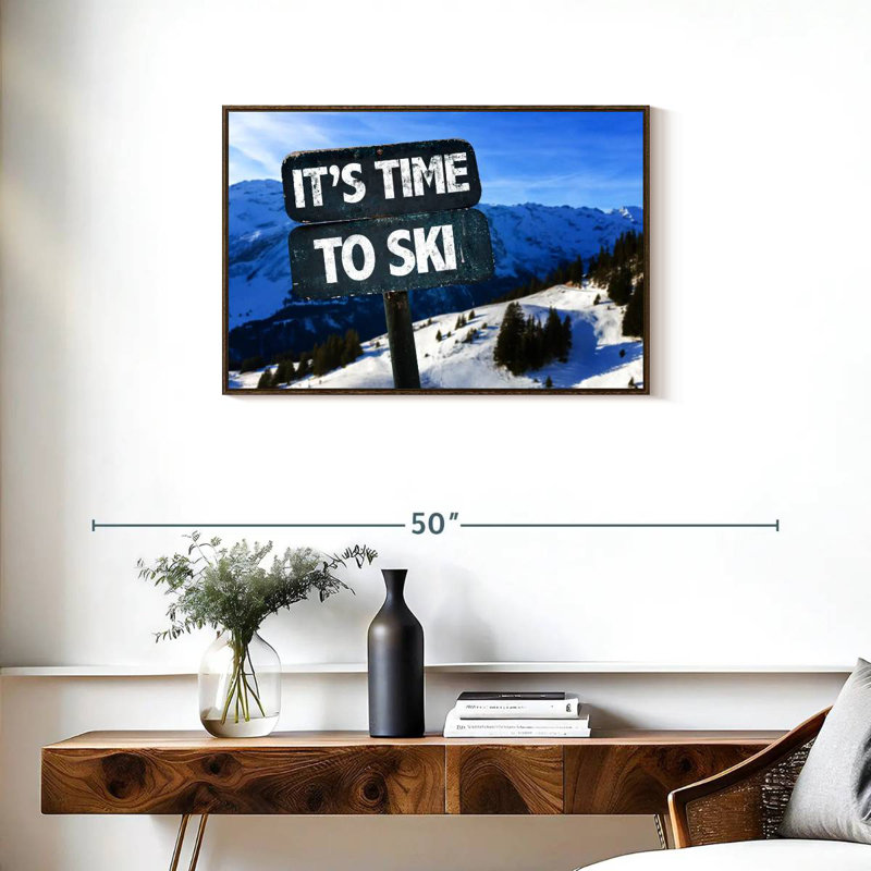 Il est temps de skier, 31 po x 21 po, Cadre flottant noyer