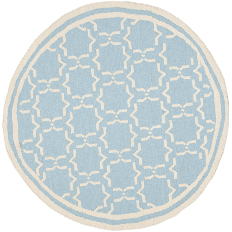 Rodgers Hand Woven Flat Weave Wool/Cotton Geometric Rug in Light Blue/Ivory, Round 6'