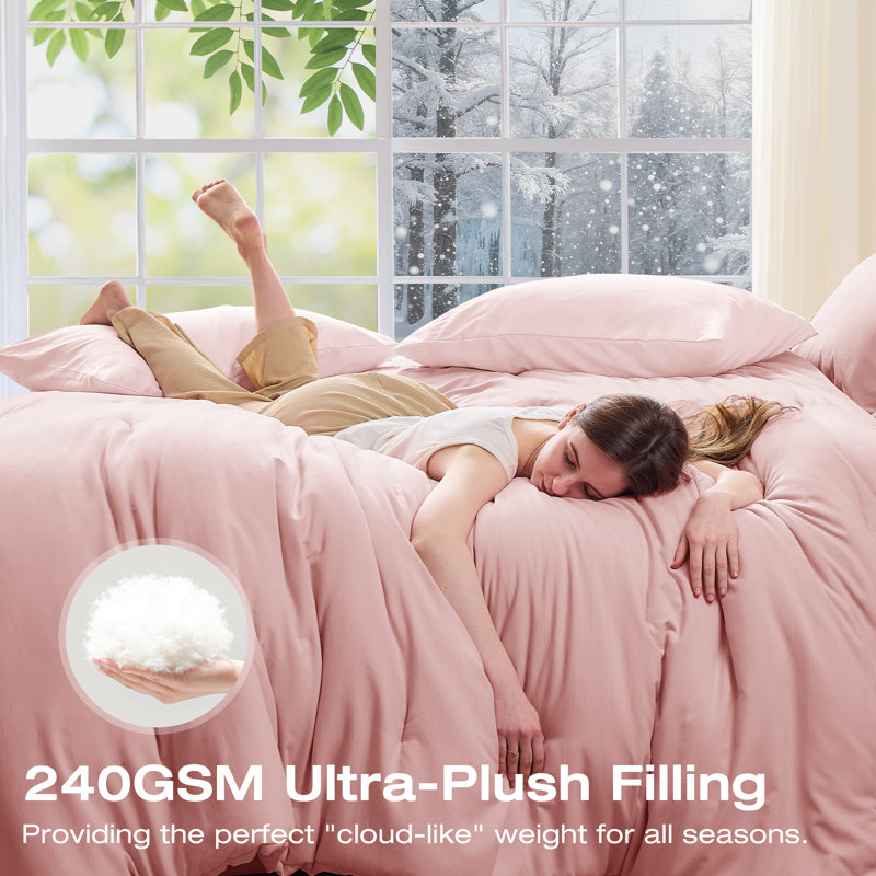 Sasttie Pink Queen Comforter Set 7-Piece, Pre-Washed Bed in a Bag, Queen, Pink