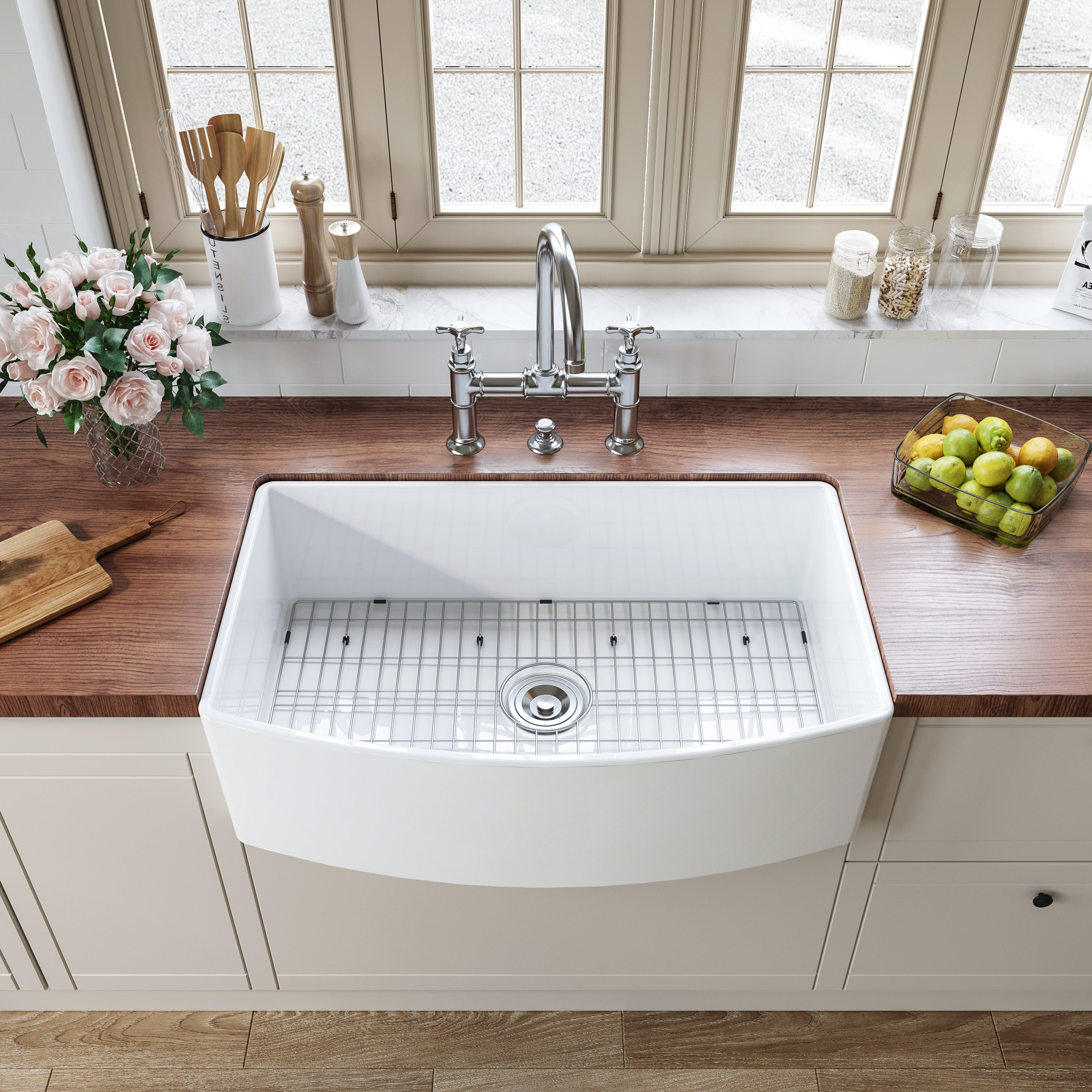 DeerValley 33 in. Farmhouse/Apron-Front Double Bowl White Fireclay Workstation Kitchen Sink with Grid and Basket Strainer