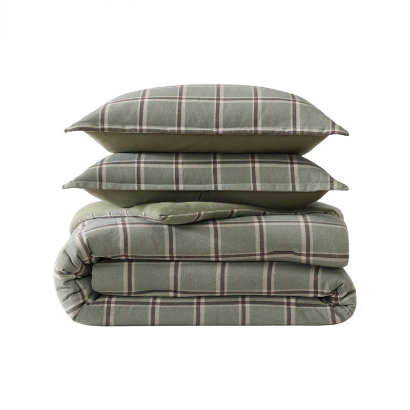 Eddie Bauer Alpine Plaid Cotton Flannel Green Comforter Set, King Comforter