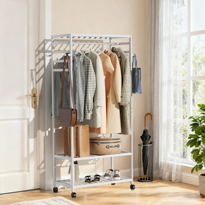 Portable Freestanding Rolling Bamboo Clothes Rack White Garment Drying Stand With Shelves Hanging Rod