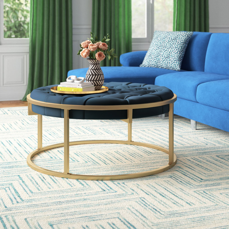 Repose-pieds rond en velours 38 po Simmerman, Velours bleu marine