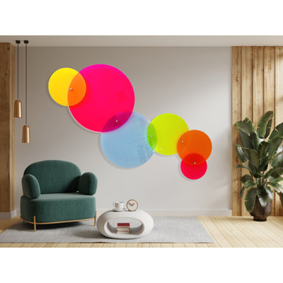 Fluorescent Acrylic Neon Art – Transparent Set of 6 Circles Wall Décor, 3D Pop Art Style – Vibrant Multicolor Modern Wall