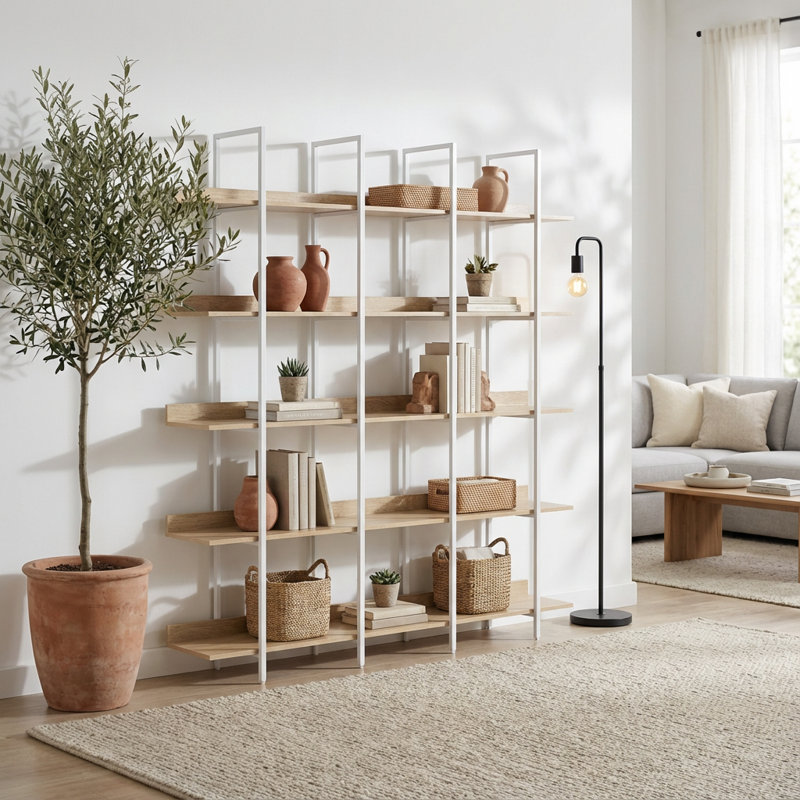Bibliothèque à cinq niveaux de style industriel pour le rangement et la présentation de la maison et du bureau, Naturel