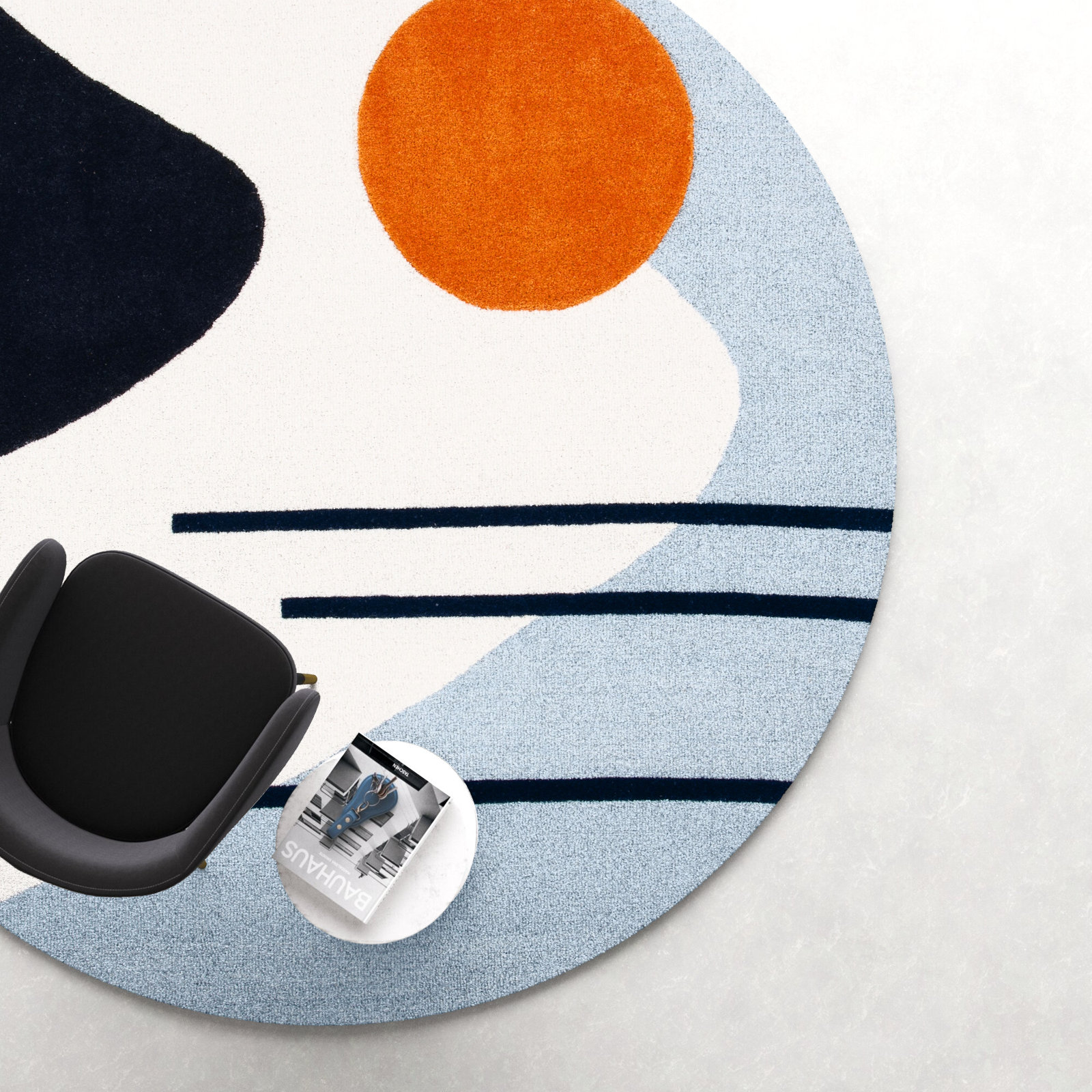 Felipe Ivory Blue Hand-Tufted Wool Abstract Rug, Round 4'