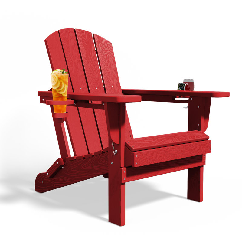 Chaise Adirondack pliante en polyéthylène haute densité Wolak avec porte-gobelet double, Rouge