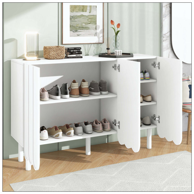 Armoire à chaussures minimaliste avec 5 pieds en bois massif, armoire buffet style avec tablettes réglables, grande armoire de rangement avec portes ondulées pour le salon