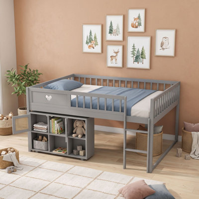 Wooden Low Loft Bed with Storage Cabinet, Shelves and Ladder