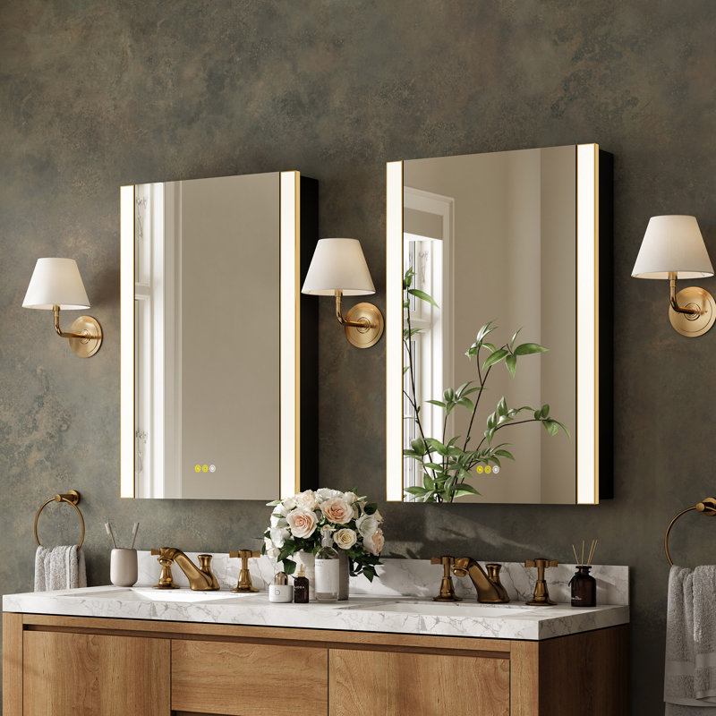 Modern LED Medicine Cabinet with Mirror, Anti-Fog, Outlets & Adjustable Shelves, 40" H x 24" W x 5" D, Gold