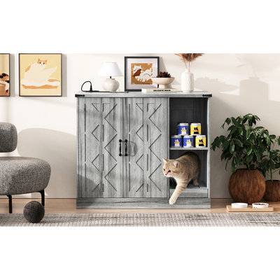 Cat Litter Box Enclosure, Power Outlet, Catcher, And Adjustable Storage. Gray Construction, Door Hooks For Hanging Pet Supplies, Universal Fit Smart Boxes, Geometric Pattern On Doors, Design