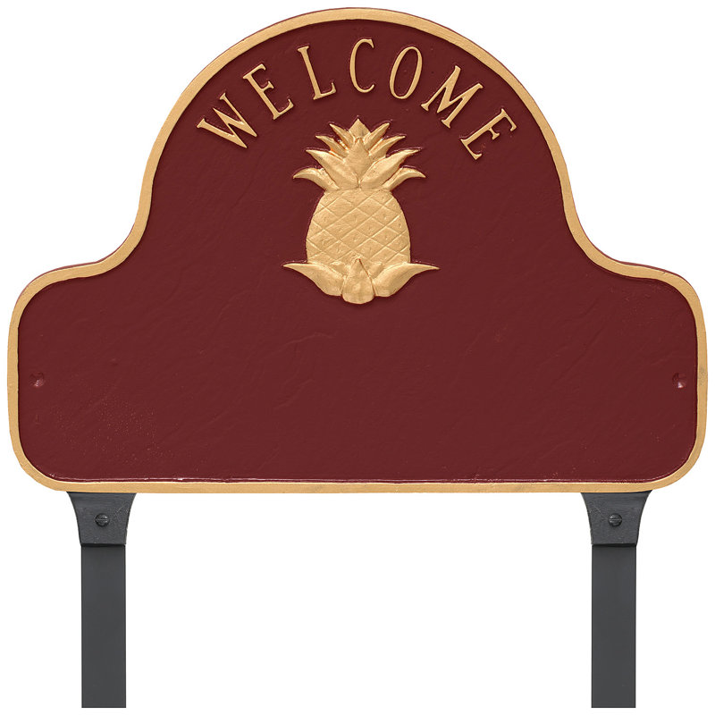 Pineapple Welcome Arch Address Sign Plaque with Lawn Stakes, Yes, Hunter Green/Gold