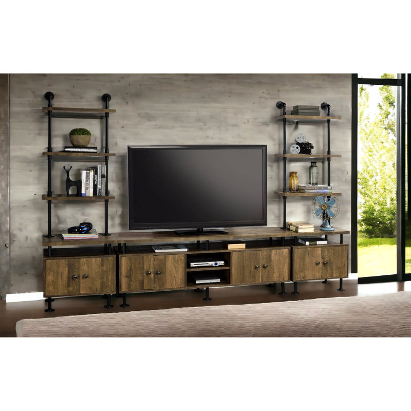 Rustic Oak & Black Tv Stand With Metal Construction, 4 Open Compartments Door Storages For 50 - 59 Inch Tvs Finish, Frame, Compartment Storage To Flat Screen
