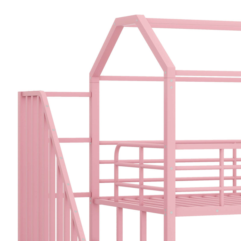 Metal Twin Size Loft Bed Frame With A Storage Box And Stairs, Pink