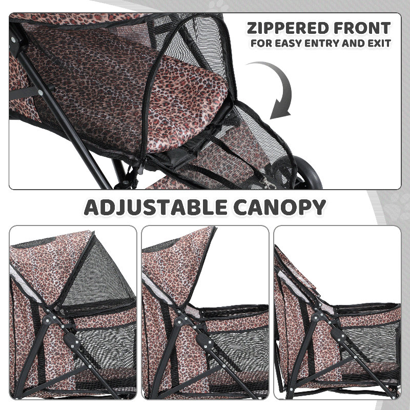 Leopard Print Steel Frame Dog Stroller with Mesh Windows