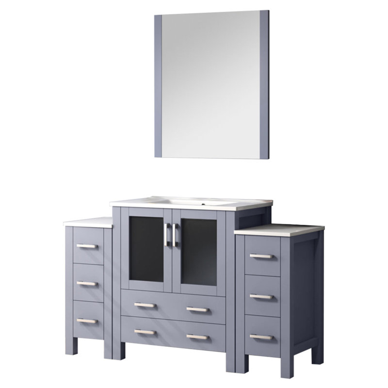 Meuble-lavabo simple 54 po De couleur grise foncée, avec des unités de rangement latérales, un comptoir en céramique blanc, un miroir mural de 28 po, un système de tiroir à fermeture en douceur, une structure à base de bois et du contreplaqué