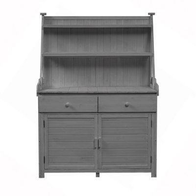 Table de jardin, table de travail en bois de sapin avec tablette de rangement, tiroir et armoire