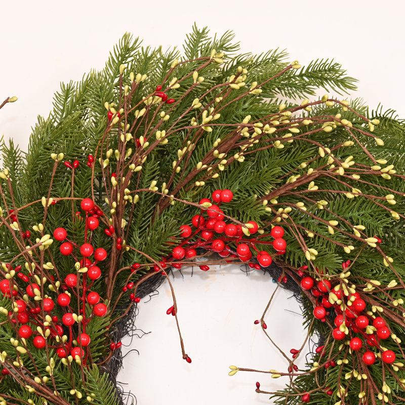 Couronne de sapin de Noël 24 po, Vert/rouge
