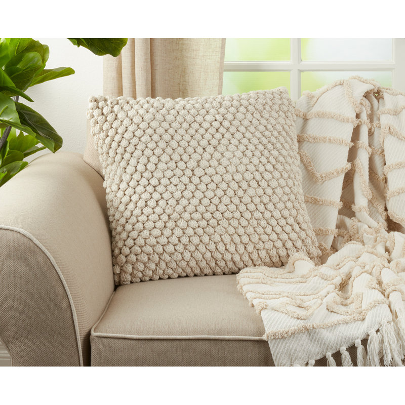 Ivory 20" Cotton Crochet Pompom Throw Pillow