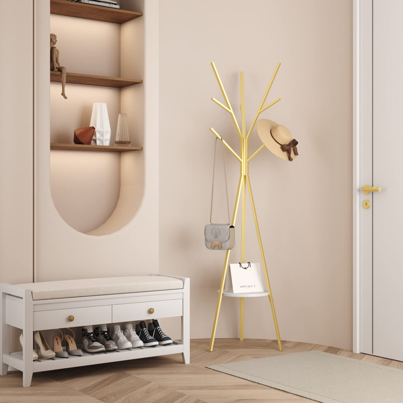 Coat Rack Hat Stand Free Standing Display Hall Tree Metal Hat Hanger Garment Storage Holder With 9 Hook, Gold, Gold