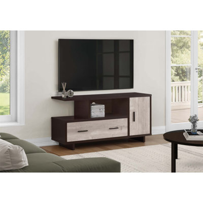 Meuble télé 48 po avec rangement, tiroirs et gestion des câbles pour le salon ou la chambre à coucher, meuble multimédia contemporain.