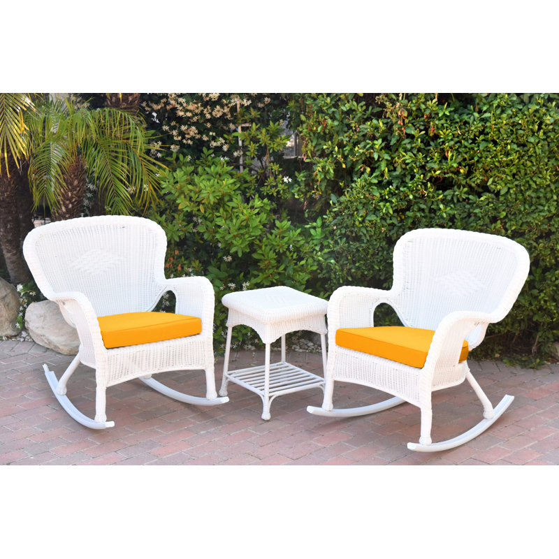 Windsor Resin Wicker Rocker Chair And End Table Set With Cushions, Sage Green, White