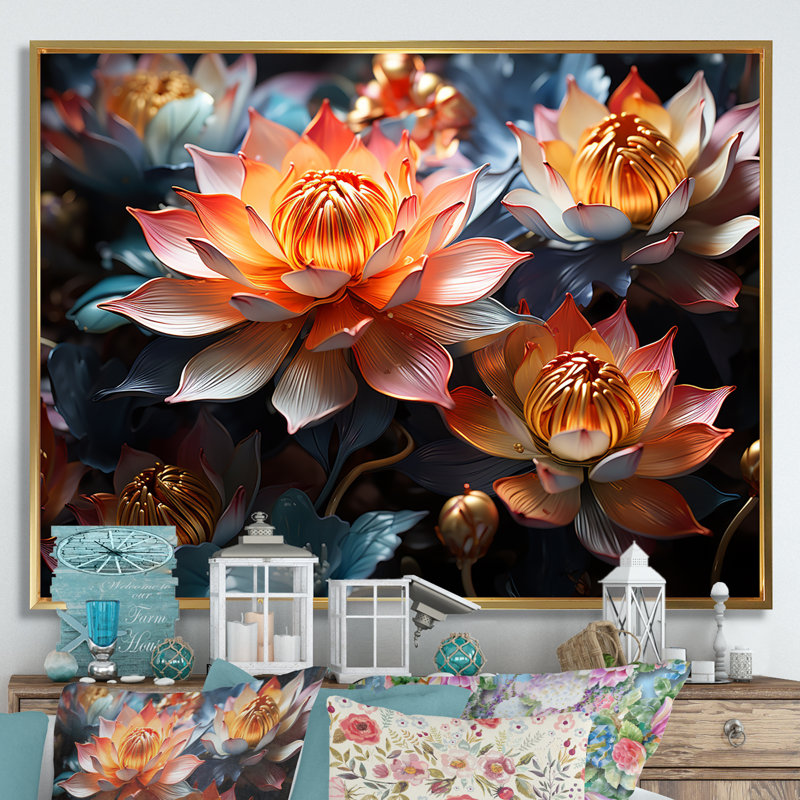 «Elegance In Lotus Blooms I», reproduction d'art sur toile Lotus, Cadre flottant doré, H 30 po x l 40 po x P 1,5 po