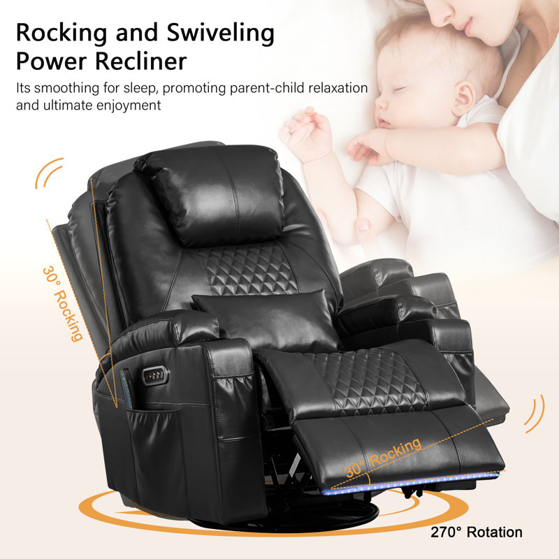 Set Of Two Power Swivel Rocker Chon For Adults - Rocking Recliner With Heat And Massage/Cup Holder/LED Lights/USB & Type-C Ports/Side Pocket For Living Room