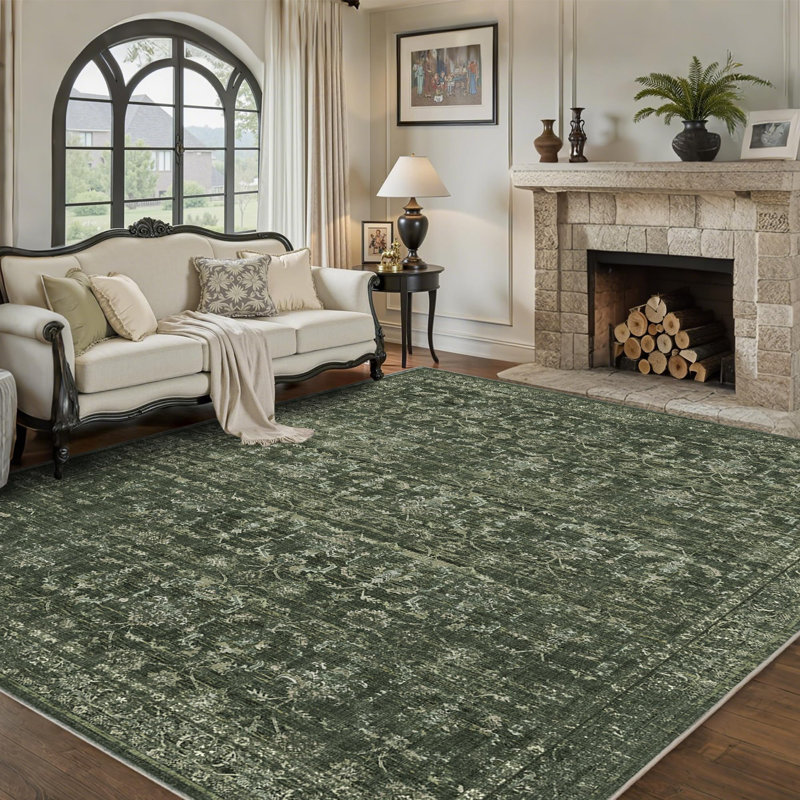 Vintage Boho Area Rug - Washable Non Slip Low Pile Rug, Rectangle 8' x 10', Dark Green