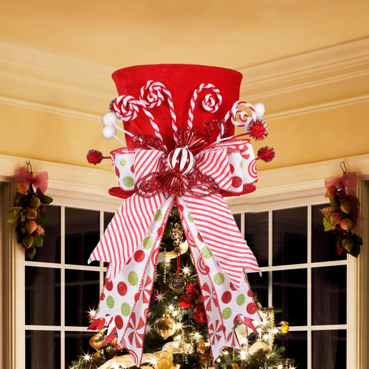 Large Candy Cane Stripe Red and White Christmas Tree Topper Bow 