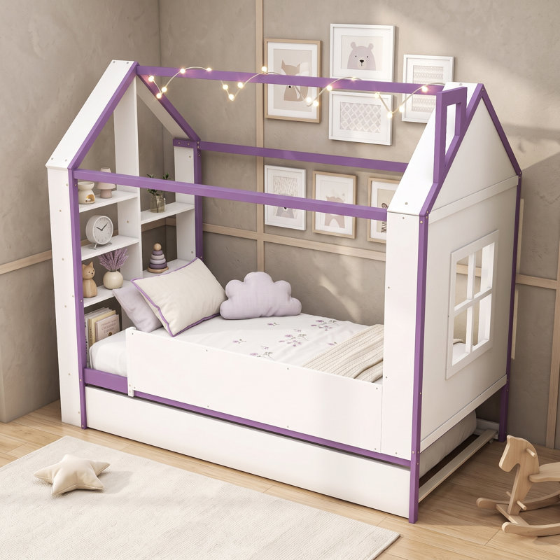 Structure de lit House avec lit gigogne coulissant, tablettes de rangement et lumière DEL, Twin, White Purple