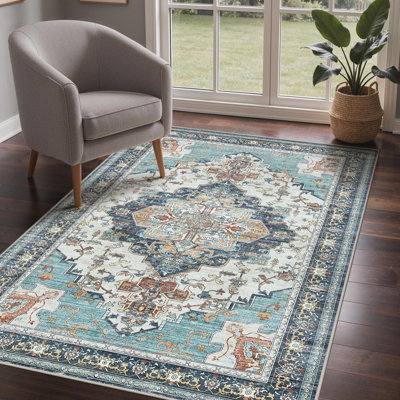 Oriental Area Rug, Vintage Low Pile Non-Slip Machine Washable Area Rug