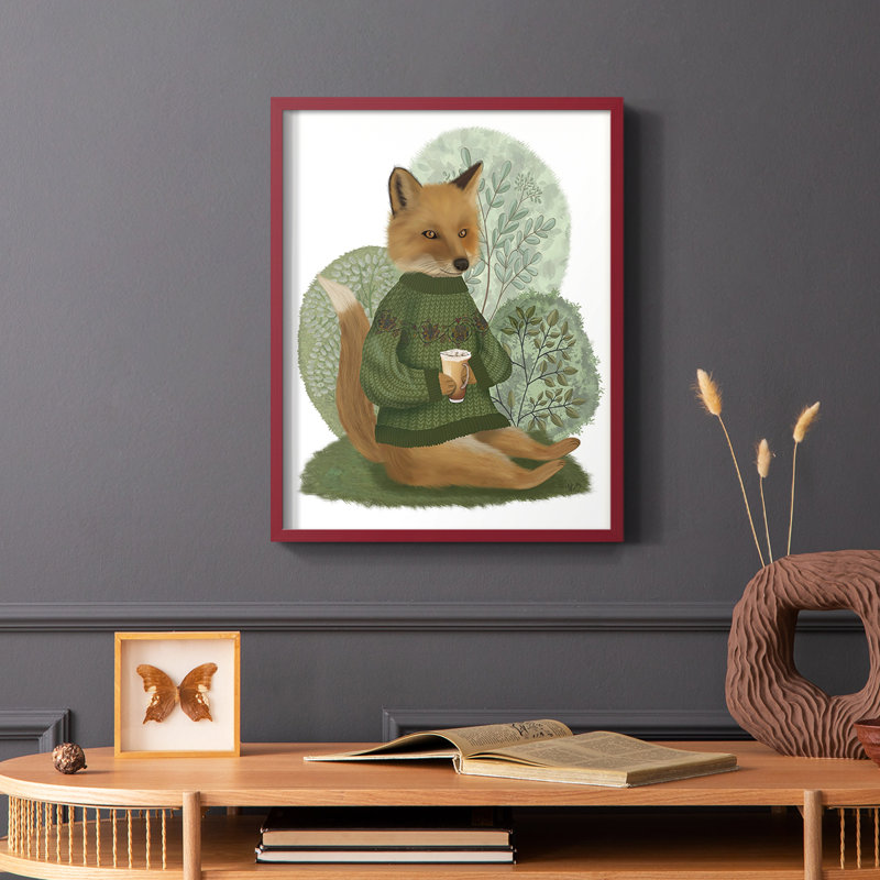 Latte Fox dans un chandail, reproduction encadrée - bois massif, Rouge, H 10 po x l 8 po