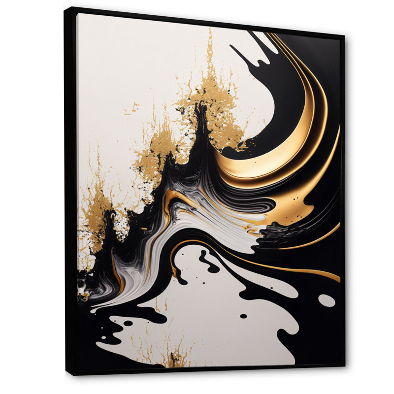 Azareth, vague noire et dorée - art mural abstrait pour le salon, H 20 po x l 12 po x P 1 po, Toile avec cadre flottant noir