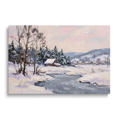 Tableau multicolore sur toile représentant un paysage hivernal avec un chalet et un ruisseau, œuvre d'art murale picturale représentant la nature enneigée, idéale pour le salon, la salle à manger et la chambre.