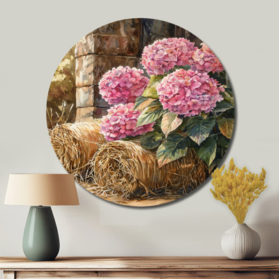 Hydrangeas By The Hay Bales II - Hydrangea Round Metal Wall Art, Traditional Pink Metal Art Print