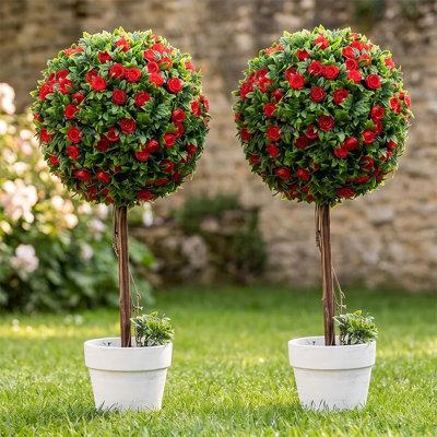 Set of 2 23" Artificial Topiary Ball Trees, Faux Shrubs with White Planter Pots, UV-Resistant Indoor & Outdoor Decorative Plants for Porch, Entryway, Office & Home